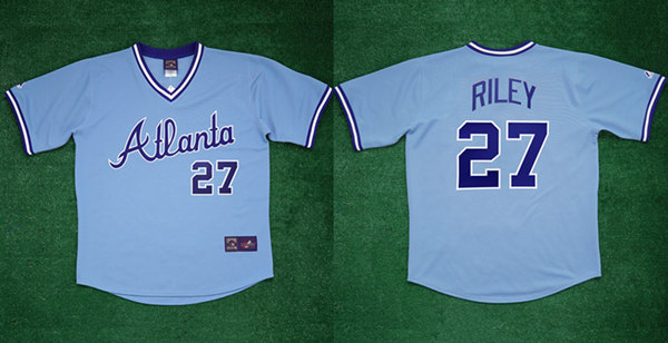 Men's Light Blue Atlanta Braves #27 Austin Riley 1982 Cool Base Stitched Baseball Jersey